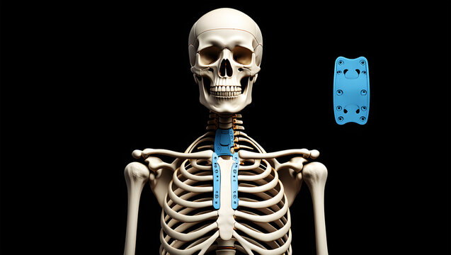 Human skeleton with blue sternum plate implant and separate implant anatomy medical