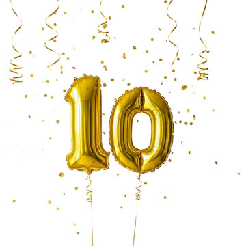 Golden number 10 balloons and confetti