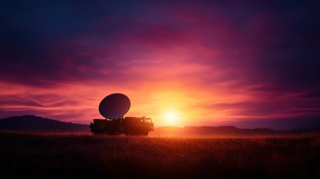 A silhouette of a satellite truck against a vibrant sunset landscape captures the essence of military communication and technological prowess in a visually striking manner.