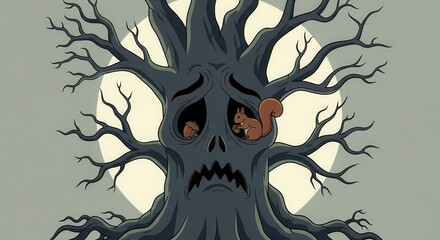 Spooky, leafless tree with a menacing face harbors woodland creatures beneath a pale orb
