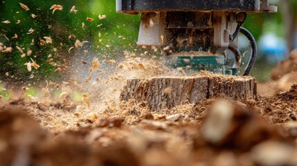 Close-up of a stump grinder machine removing a tree stump with wood chips flying in the air