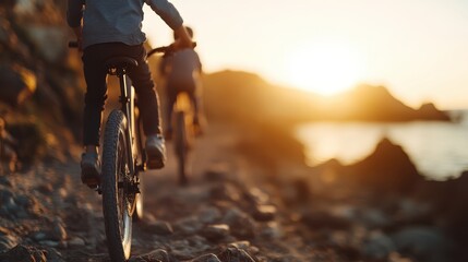 Fototapeta premium This enchanting image depicts two children riding bicycles along a rocky path at sunset, capturing the essence of adventure and childhood in a serene coastal environment.