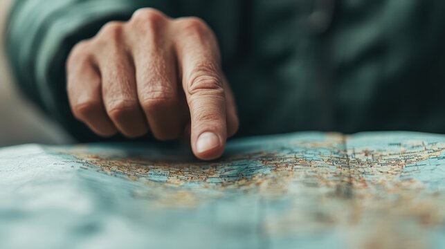 A close-up of a hand pointing at a map illustrates the essence of exploration and navigation while emphasizing the tactile connection we have with geographic locations.