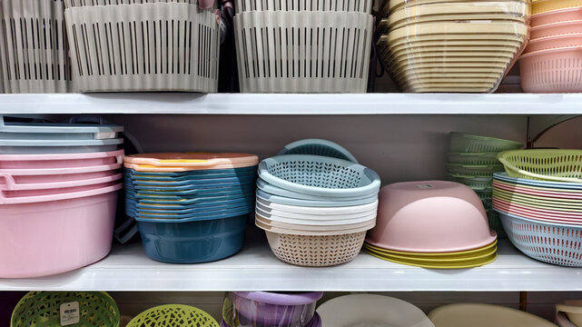 plastic colorful storage bowls and plates neatly arranged on a shelving unit in store