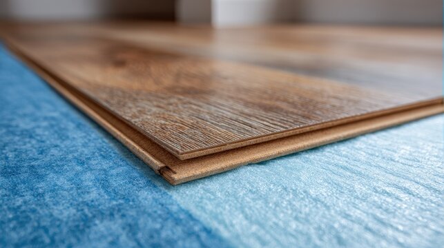 Close-up of installing laminate wood flooring planks over blue foam underlayment
