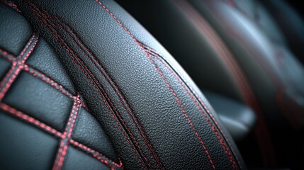 Close-up of premium black leather car seat upholstery with red contrast stitching