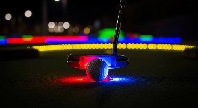 Nighttime Glow-in-the-Dark Mini Golf Experience with Colorful Lights.