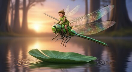 Naklejka premium Mythical small creature riding a large insect over calm water during twilight
