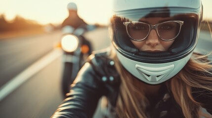 Fototapeta premium A close-up of a rider wearing sunglasses and a helmet, capturing the thrill of motorcycle riding on an open road, surrounded by golden sunset colors and freedom.