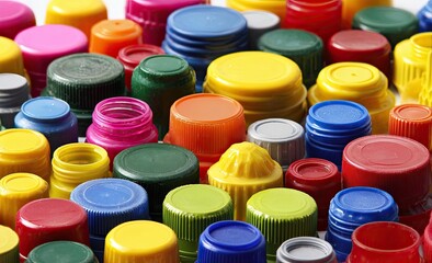 Close-up of a large, colorful assortment of plastic bottle and jar caps on a white background