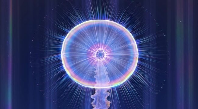 Psychedelic iridescent holographic deepsea jellyfish creature pulsing abstract fantasy background loop