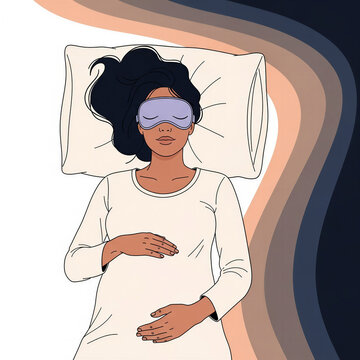 Pregnant black woman sleeping with eye mask on bed  