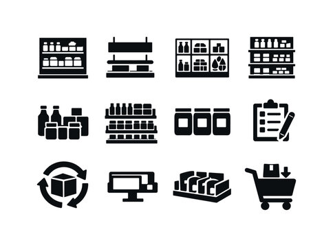 Supermarket Organization. Solid icon set of Supermarket Organization: category shelf, labeled aisle, product zoning, shelf planogram, front