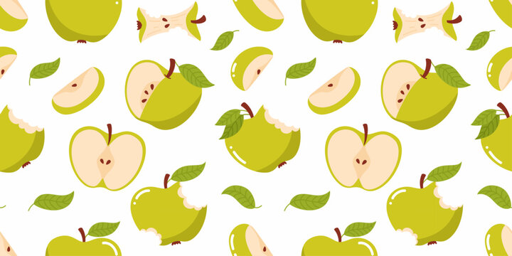 Seamless pattern with green apples of different shapes and slices.