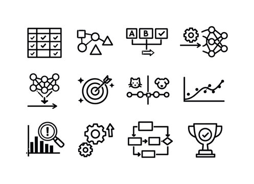  Supervised learning. Line outline icon set of Supervised learning: labeled dataset, input