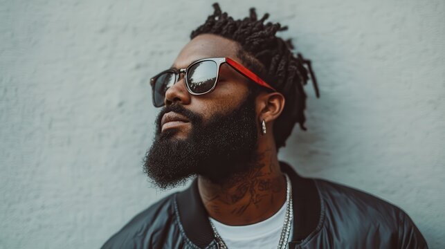 The image showcases a stylish young man with dreadlocks and sunglasses, exuding confidence and individualism in an urban setting, highlighting modern street style.