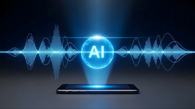 AI Voice Assistant Technology: Futuristic Digital Audio Waveform Glowing over Smartphone