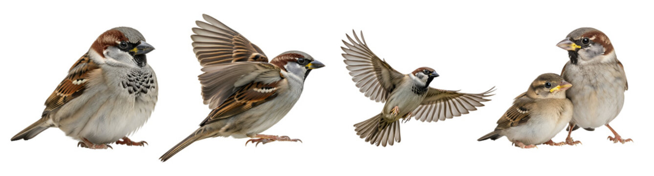 A group of sparrows in various poses on transparent background