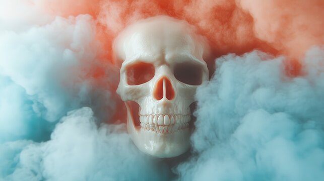 An artistic portrayal of a skull engulfed in colorful smoke, symbolizing the duality of life and death through contrasting elements of beauty and eeriness.