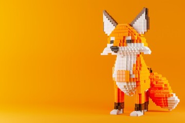 Fototapeta premium Cute LEGO fox in white and orange bricks standing on orange background, playful minimalistic studio composition