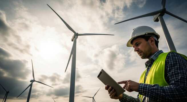 wind turbine in front of a young man