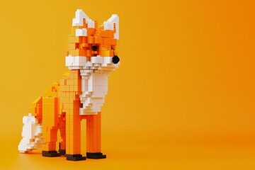 Fototapeta premium Cute LEGO fox in white and orange bricks standing on orange background, playful minimalistic studio composition