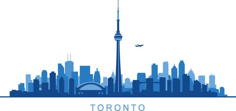 WebBlue Toronto City Skyline Vector Illustration Featuring CN Tower and Rogers Centre Landmark Architecture with Airplane Silhouette on White Background for Urban Travel Design