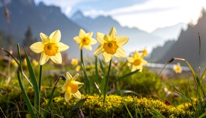 Sunny daffodils bloom in a mountain meadow, backlit by a hazy sky, with a blurred mountain range backdrop