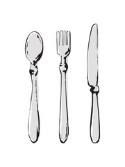 Simple Hand Drawn Spoon Fork and Knife Line Art &ndash; Kitchen Utensils Illustration