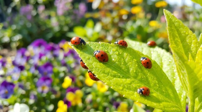 Ladybugs Crawling on a Vibrant Green Leaf in Garden