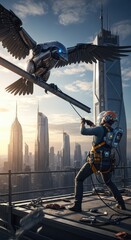 Fototapeta premium Construction worker interacts with a mechanical bird perched on a high beam overlooking a sprawling metropolitan skyline at sunset
