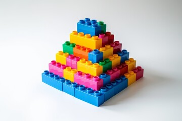 Fototapeta premium Brightly colored LEGO pyramid on white background, simple illustration of building blocks