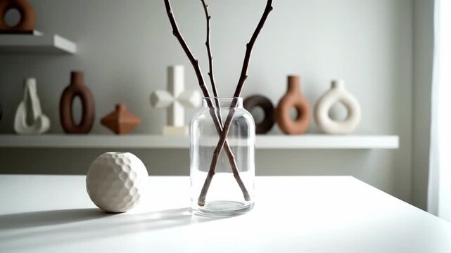 Mockup of a minimalist workspace with a vase, branches, and decorative objects on a white table against a blurred background with shelves and various vases, conveying a calm business