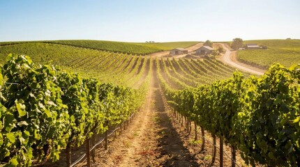 Fototapeta premium Lush Green Vineyard Rows Under Sunny Sky