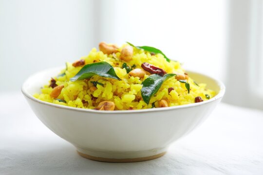 Turmeric vegetable poha bowl, healthy Indian breakfast and comfort food