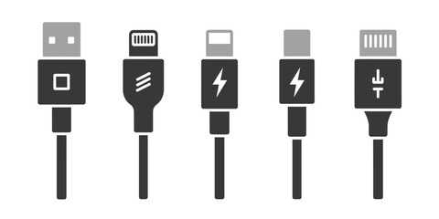 USB Type C, Type A, Type B, Lightning, and Micro USB fill icons, featuring USB cable and charger vector illustrations for digital and hardware design. © JamesDesign