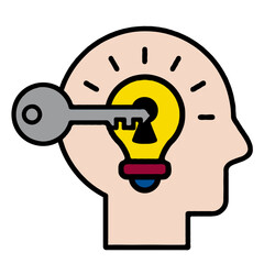 Human head silhouette with lightbulb and keyhole concept - creative mind, innovation, knowledge access, ideas, problem solving, illustration