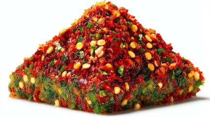 Mound of intensely flavored, brightly colored spice mix piled high on a white background