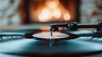 Obraz premium This image shows a close-up of a vintage record player spinning a vinyl record, with a warm and inviting fireplace in the background enhancing the cozy atmosphere.