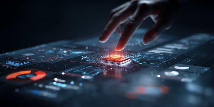 Human hand holding AI processor as holographic business roadmap stretches outward with analytics panels and automation arrows.