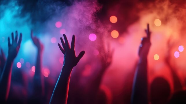 A lively scene depicting raised hands in a vibrant party atmosphere, beautifully illuminated by colorful lights and swirling smoke, capturing the joy of celebration.