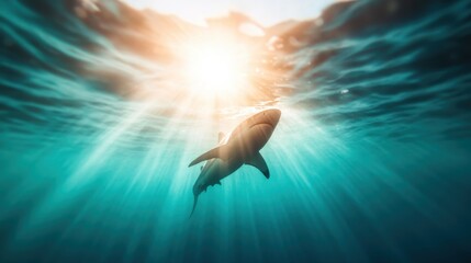 Fototapeta premium A serene underwater scene capturing a shark gliding through sunlit waters, symbolizing the beauty of marine life and the importance of ocean conservation.