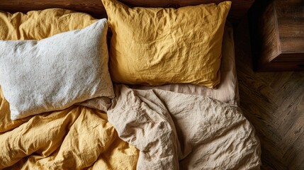 Overhead view captures richly textured bed linens featuring mustard yellow and cream tones against dark wood