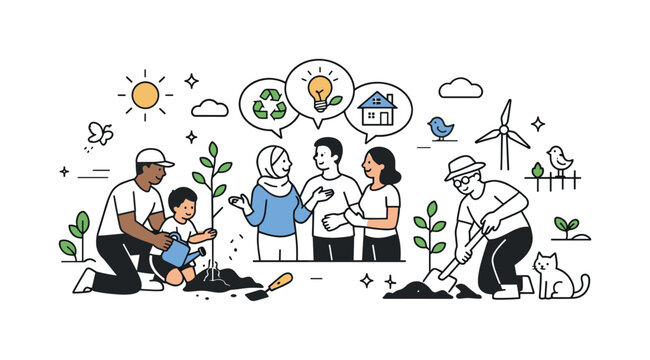 Community-driven sustainability. Diverse residents planting trees and discussing ideas for a greener neighborhood. Warm, cooperative mood