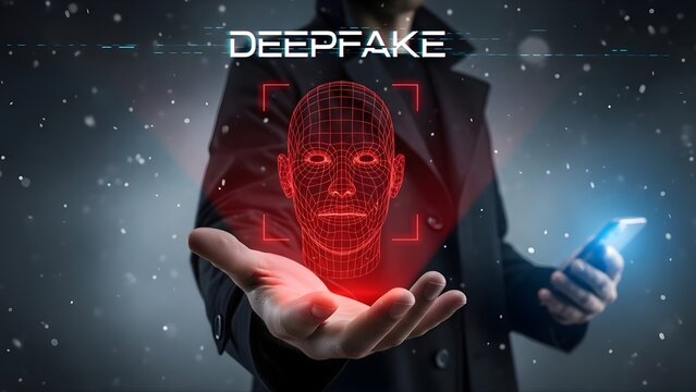 Deepfake Technology Concept with 3D Facial Recognition Wireframe and Hacker