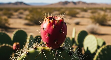Close-up of a cactus fruit in a desert landscape with blurred background and sunny sky