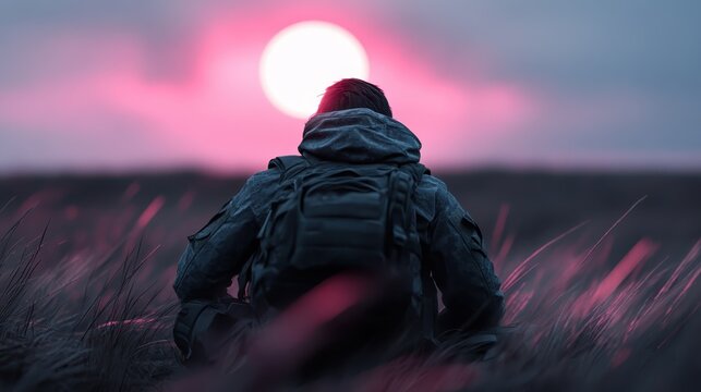 A backpacker kneels in a field, silhouetted against a vibrant pink sunset that evokes feelings of solitude, introspection, and the beauty of nature at dusk.