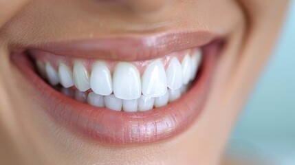 Obraz premium A close-up of a bright, engaging smile featuring shiny white teeth and well-cared-for lips, promoting feelings of confidence and happiness through dental hygiene.