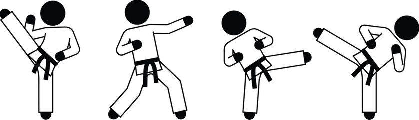 Black silhouette stick figure icons performing various martial arts kicks and poses in karate uniforms isolated on white background background © Gauranga
