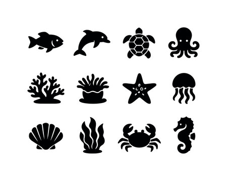 Marine Life Icons. Marine Flora and Fauna. Solid icon set of Marine Flora and Fauna: fish, dolphin, sea turtle, octopus, coral reef, sea anemone, starfish,